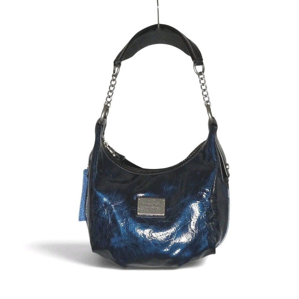 NWT Small Chain Hobo Shoulder Bag 400 Navy Nile Crinkled Liquid Sheen Gunmetal